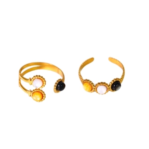 14K gold-plated stainless steel open rings set with white, black, and yellow shell inlays