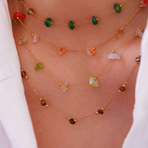 Handmade layered necklace with colorful natural stones and gold stainless steel chains