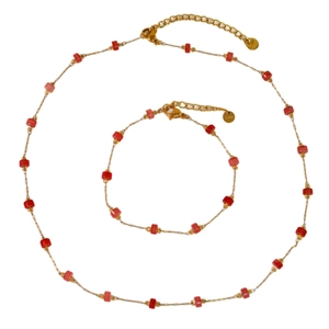 Conjunto de collar y pulsera de acero inoxidable dorado con cuentas rojas y naranjas