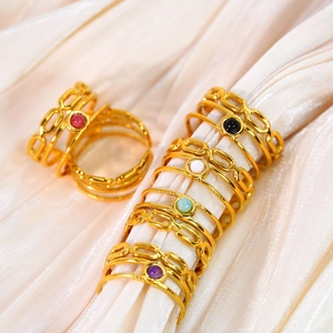 14K gold plated stainless steel open rings featuring colorful natural stone insets
