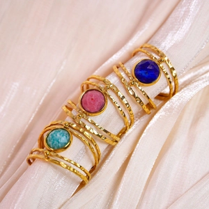 Bohemian style gold-plated stainless steel rings set with natural colorful stones