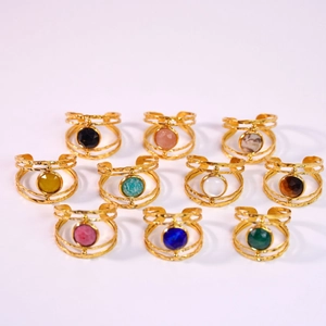Adjustable 14k gold plated stainless steel rings featuring colorful round natural stone inlays