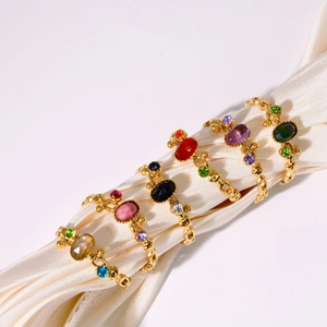 Vintage Stainless Steel Open Ring For Women Gold Plated Natural Stone Oval Agate Zirconia Adjustable Luxury Jewelry Gift