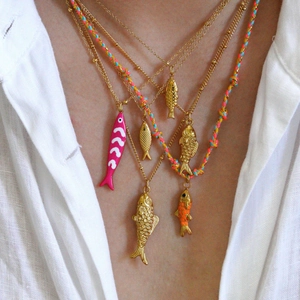 Collar con Colgante de Pez de Acero Inoxidable de Moda Chapado en Oro de 14K Esmalte Koi Espina de Pez Estilo Océano Joyería para Mujer