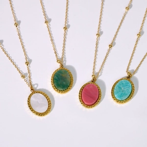 French vintage stainless steel necklace set with oval natural stones in four colors
