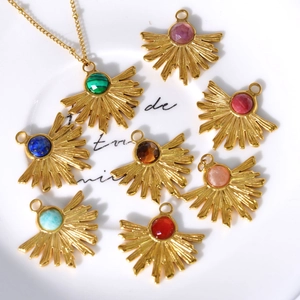 Collier Pendentif Éventail Style Bohémien Acier Inoxydable Plaqué Or 14K Pierre Naturelle Incrustée Chaîne à Billes Femmes