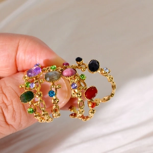 Bohemian gold plated stainless steel ring set with vibrant multi-colored gemstones