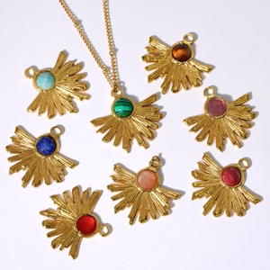 Collier bohème feuilles rayons de soleil avec pierre naturelle en acier doré à l'or 14K