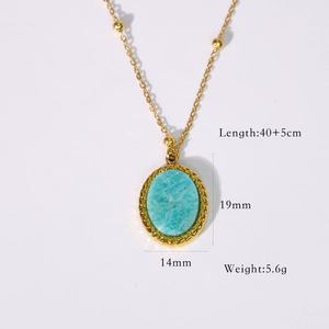 Detailed view of oval blue natural stone necklace with gold twist edge and dimensions