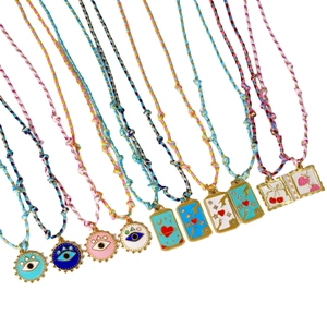 Handmade colored rope titanium steel necklace with evil eye and enamel charm pendants