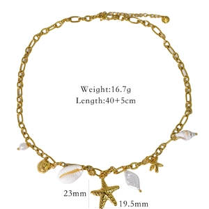 Vue détaillée du collier étoile de mer et coquillages avec mesures et poids 16,7g
