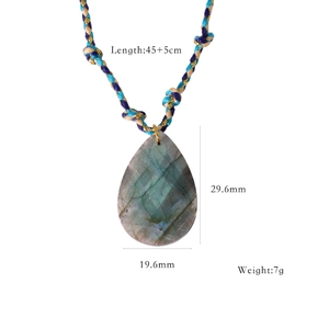Detailed view of labradorite teardrop pendant necklace with dimensions 29.6mm and 45cm rope chain