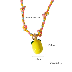 Detail of colorful braided cord necklace with a yellow lemon pendant and sizing dimensions