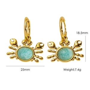 Detailed view of crab earrings in gold finish with blue stones and size measurements