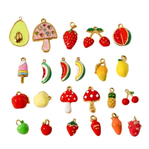 Colorful fruit and food enamel pendants set in stainless steel for DIY jewelry