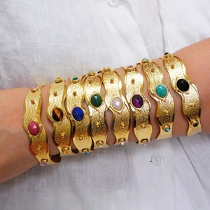 Franse Vintage Natuursteen Ingelegde Golvende Open Roestvrij Stalen Armband 18K Verguld Boheemse Sieraden Voor Vrouwen
