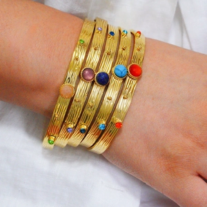 Brazalete de Puño Bohemio de Acero Inoxidable Chapado en Oro para Mujer Con Incrustación de Piedra Natural Redonda Joyería