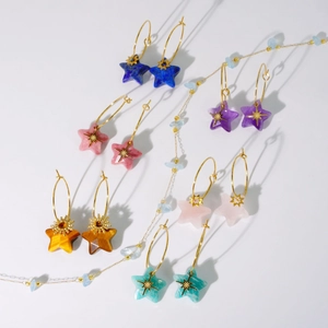 Star-shaped natural stone earrings and bead necklace set in luxury gold-plated stainless steel
