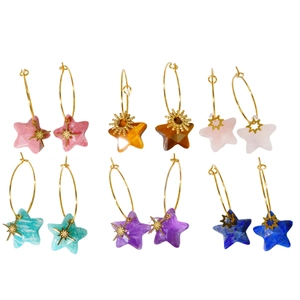 Star-shaped natural stone earrings set in gold stainless steel with six vibrant colors