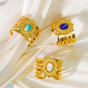 Vintage gold-plated stainless steel wide rings with colorful natural stone inlays
