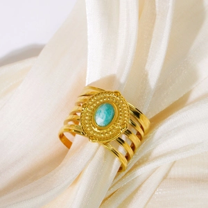 Retro hollow gold stainless steel wide ring featuring a turquoise oval natural stone