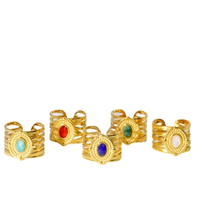 Five-piece set of gold plated stainless steel rings with colorful oval natural stones