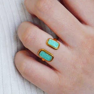 French style gold plated irregular open ring with turquoise enamel inlay for women
