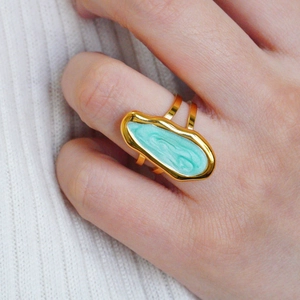 Minimalist gold stainless steel open ring with irregular green enamel marble inlay