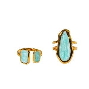 French style gold irregular open ring set with elegant teal enamel inlay details