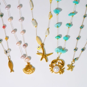 Elegant 14K gold-plated stainless steel sea life pendants with natural stones and pearls