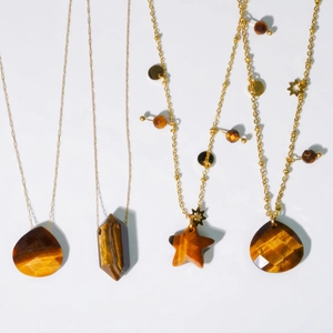 Parure de colliers en œil de tigre avec pendentifs goutte d'eau, étoile et prisme