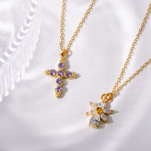 French luxury stainless steel necklace with purple cross and shell flower pendants