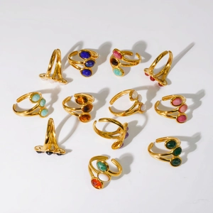 Gold adjustable stainless steel rings with triple oval gemstones in multiple colors