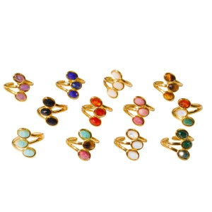 Three oval natural stone inlaid gold plated titanium steel open rings for women
