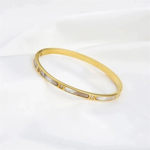 Elegant gold titanium steel bracelet with shell inlay and cubic zirconia on white silk