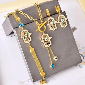Vintage Stainless Steel Hamsa Hand Evil Eye Necklace Bracelet And Earrings Multicolor Zirconia Gold Plated OT Toggle Jewelry