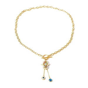 Gold-plated Hamsa hand necklace featuring colorful evil eye accents and an OT toggle clasp
