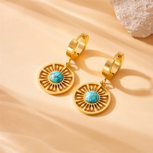 Bohemian gold-plated sunburst hollow earrings with turquoise stone inlays