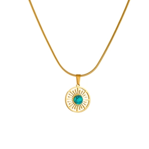 Golden sunburst necklace with turquoise inlay and sleek snake chain for women