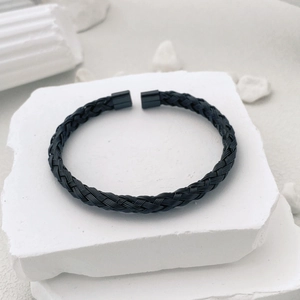 Fashion woven titanium steel open bangle with black braided texture and square ends