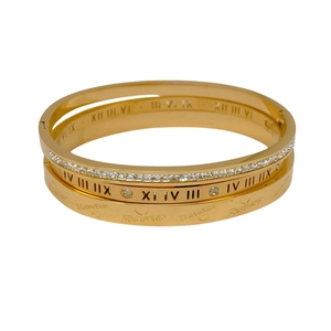 Driedelige set luxe gouden titanium stalen armbanden met Romeinse cijfers en kristallen