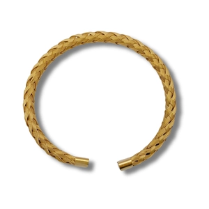 Minimalist golden woven titanium steel cuff bangle with polished cylindrical ends