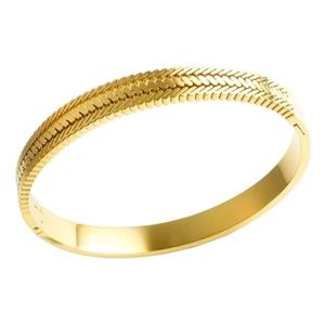 Vintage wheat pattern gold titanium steel hinged bangle bracelet for women in a side view