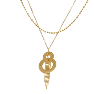 Collier double rang en acier titane doré avec pendentif géométrique et pompons de perles