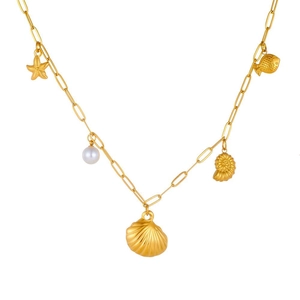 18k gold plated stainless steel necklace with seashell and pearl ocean charms