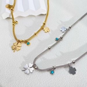 Titanium mesh chain necklace with clover charms and turquoise pendant in gold and silver