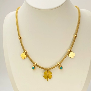 Titanium mesh chain necklace with golden clover pendants and turquoise beads for women