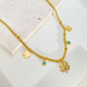 Elegant gold titanium steel mesh chain necklace with turquoise clover pendants