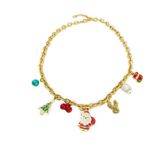 Gouden kerstketting met bedeltjes van de kerstman, herten en parels aan een grove schakelketting