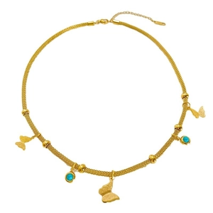 Titanium steel mesh necklace with turquoise beads and gold butterfly pendants for women